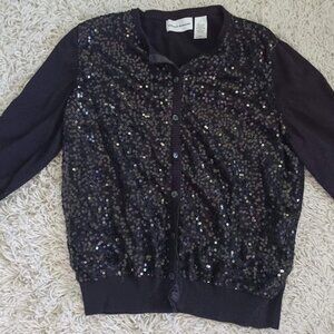 Alfred Dunner Women’s L Black Cardigan Sweater Sequined Y2K Button Up Holiday